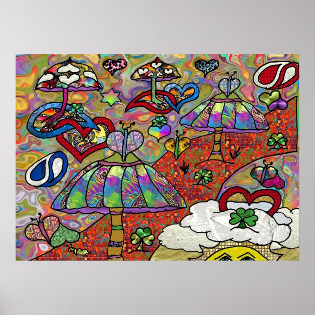 Poster Retro 60s Psychedelic Magic Champhrooms Imprimer l (Devant)