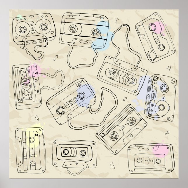Poster Retro 80s 90s Nostalgic Cassette Mix Tape Pattern (Devant)