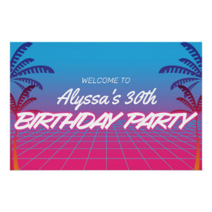 Poster Retro 80s Theme Neon Rose Bleu Anniversaire Interd