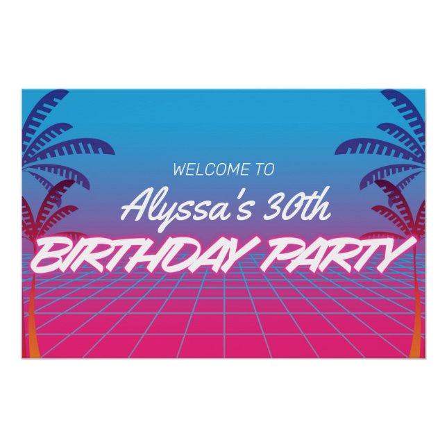 Poster Retro 80s Theme Neon Rose Bleu Anniversaire Interd (Devant)
