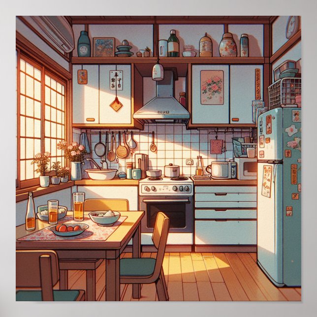 Poster Rétro 90s Anime Cuisine Réfrigérateur et table (Devant)