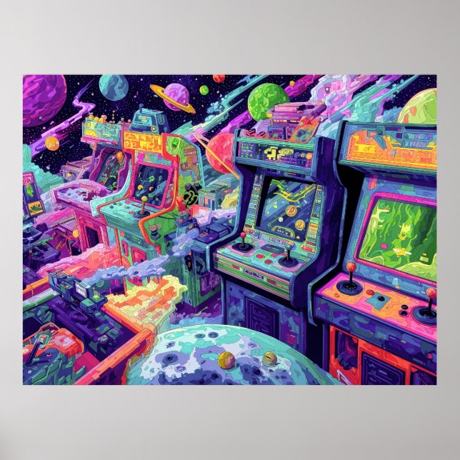 Poster Retro Arcade Machines in Space (Devant)