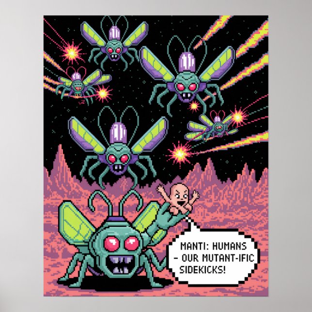 Poster Retro Arcade Manti Aliens Pixel Art - Funny Defend (Devant)