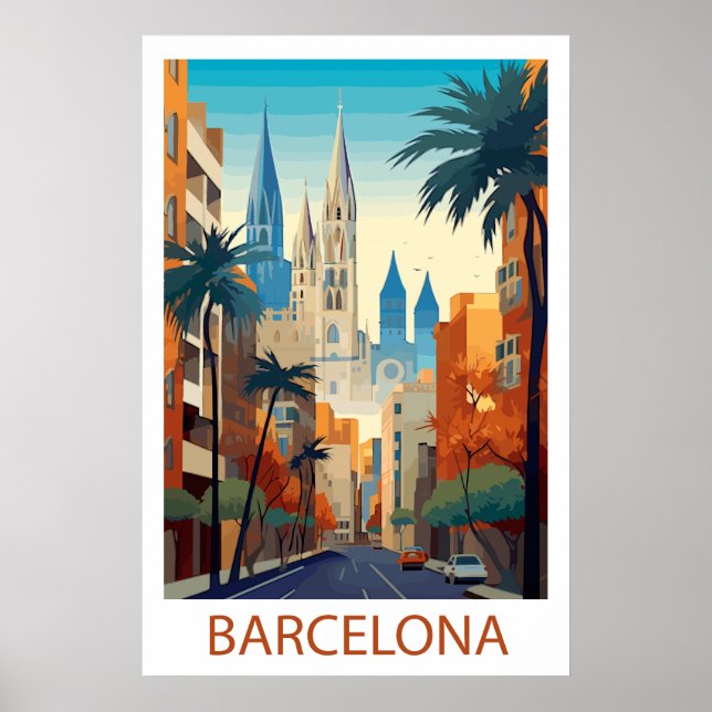 Poster Retro Barcelona Vintage Travel Illustration (Devant)