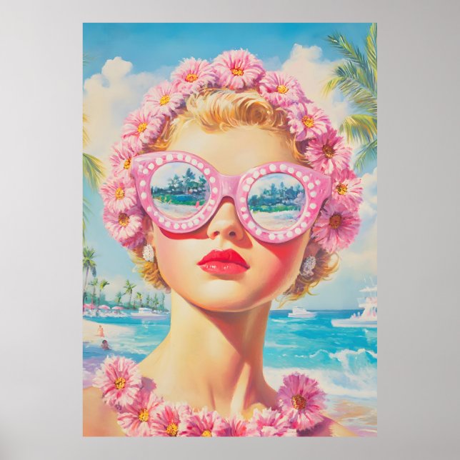 Poster Retro Beach Girl avec lunettes de soleil florales (Devant)