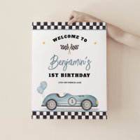 Retro Blue Race Car Fast One Anniversaire Bienvenu