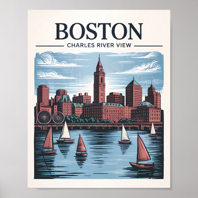 Poster Retro Boston Sailboat Massachusetts Skyline Travel (Devant)