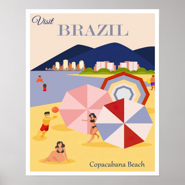 Poster Retro Brésil Plage de Copacabana Voyage (Devant)