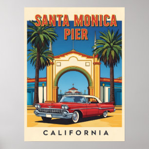 Poster Retro California rêve Père Noël Monica Pier