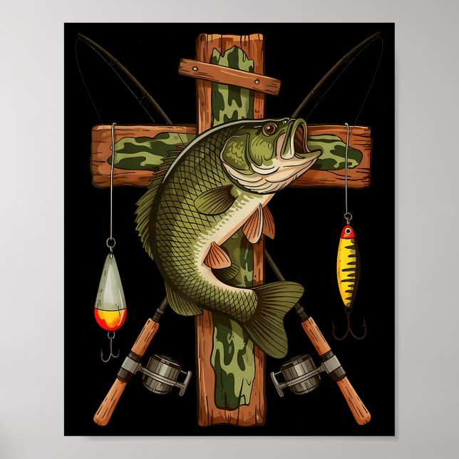 Poster Retro Camo Cross Fishing Rod Hook B Christian Fish (Devant)