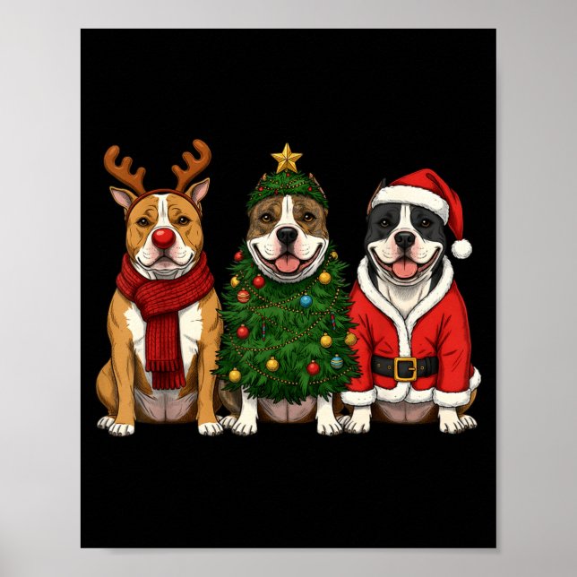 Poster Retro Christmas American Bully Santa Reindeer Dog  (Devant)