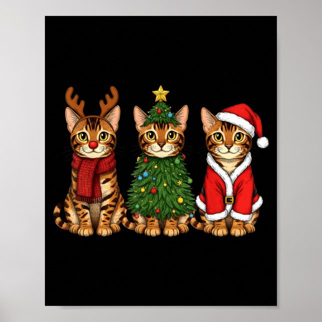 Poster Retro Christmas Bengal Cat Santa Reindeer  (Devant)