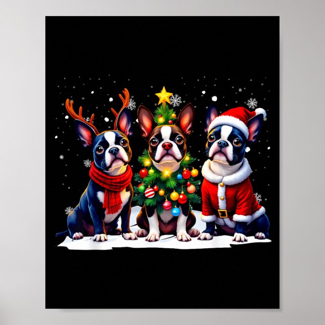Poster Retro Christmas Boston Terrier Santa Reindeer Dog  (Devant)