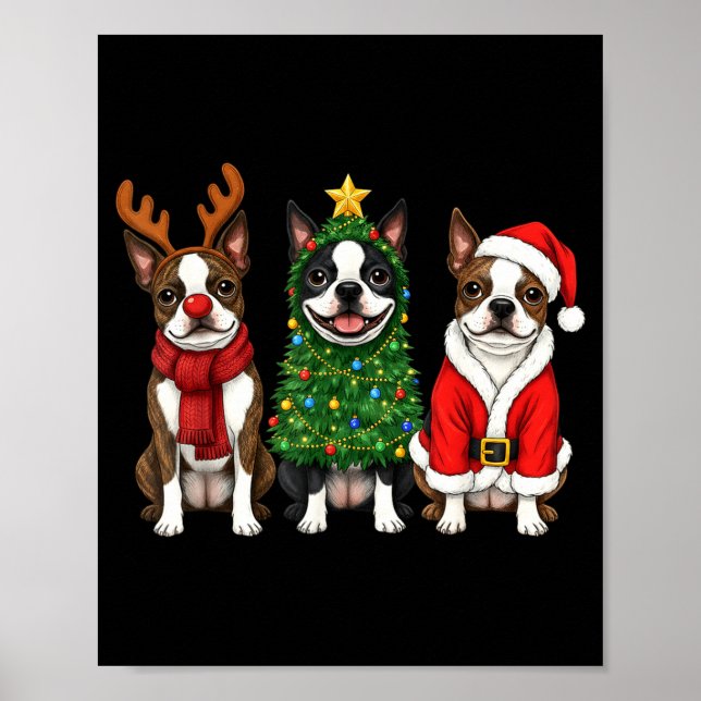 Poster Retro Christmas Boston Terrier Santa Reindeer Dog  (Devant)