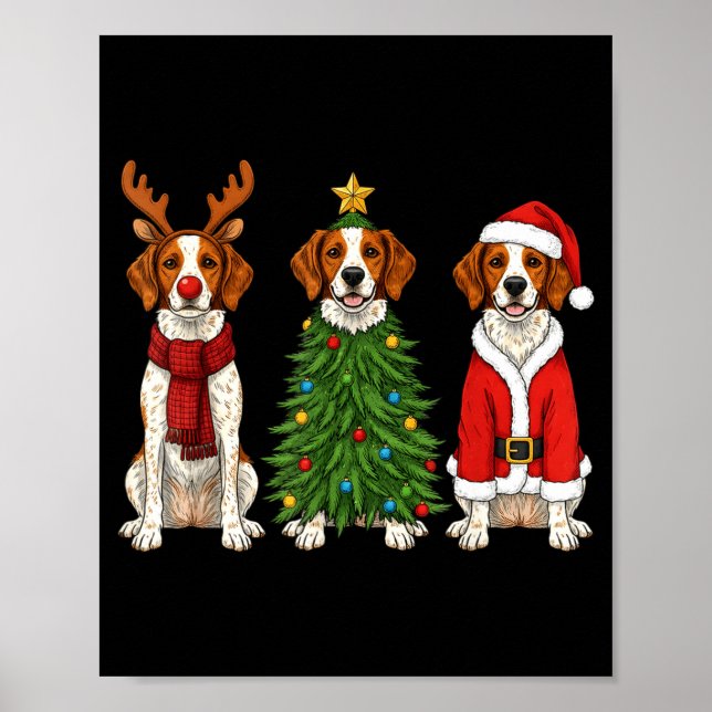 Poster Retro Christmas Brittany Spaniel Santa Reindeer Do (Devant)