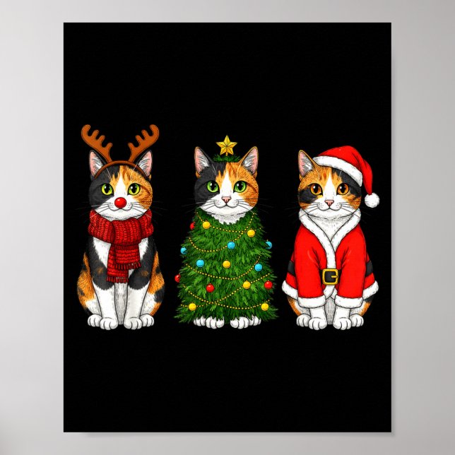 Poster Retro Christmas Calico Cat Santa Reindeer  (Devant)