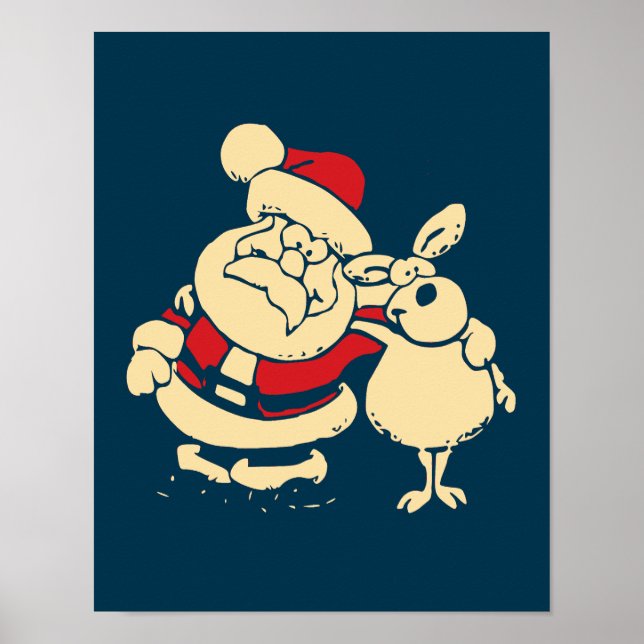 Poster Retro Christmas Père Noël et son Reindeer Buddy (Devant)