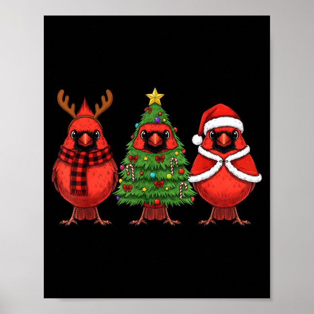 Poster Retro Christmas Red Cardinal Bird Santa Reindeer  (Devant)