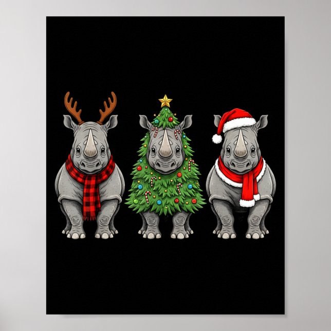 Poster Retro Christmas Rhino Santa Reindeer Safari Animal (Devant)