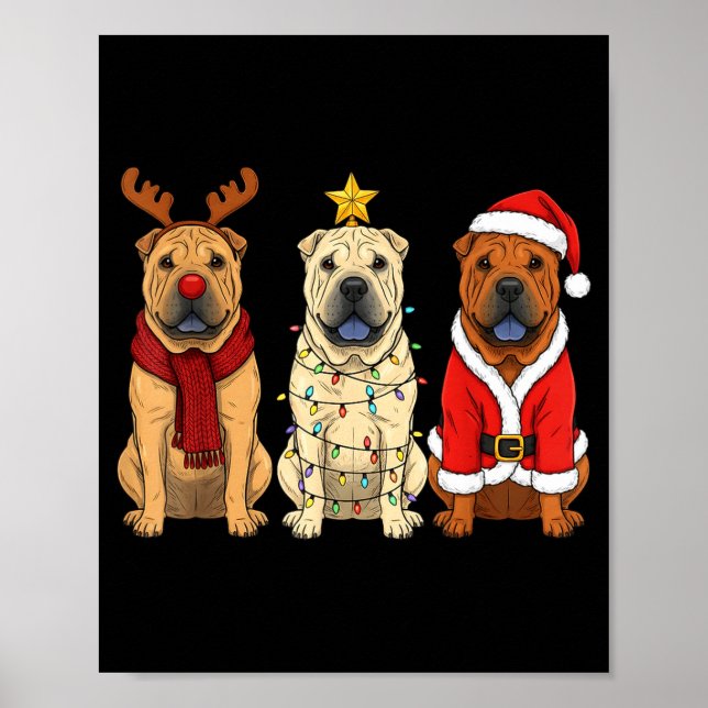 Poster Retro Christmas Shar Pei Santa Reindeer Dog Lover  (Devant)