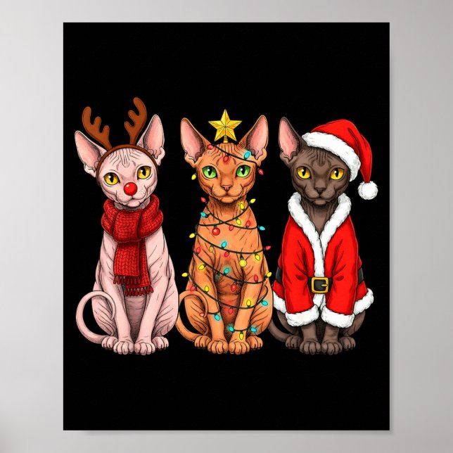 Poster Retro Christmas Sphynx Cat Santa Reindeer  (Devant)