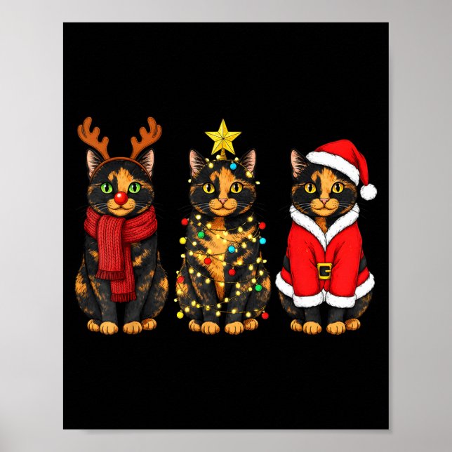 Poster Retro Christmas Tortoiseshell Cat Santa Reindeer  (Devant)
