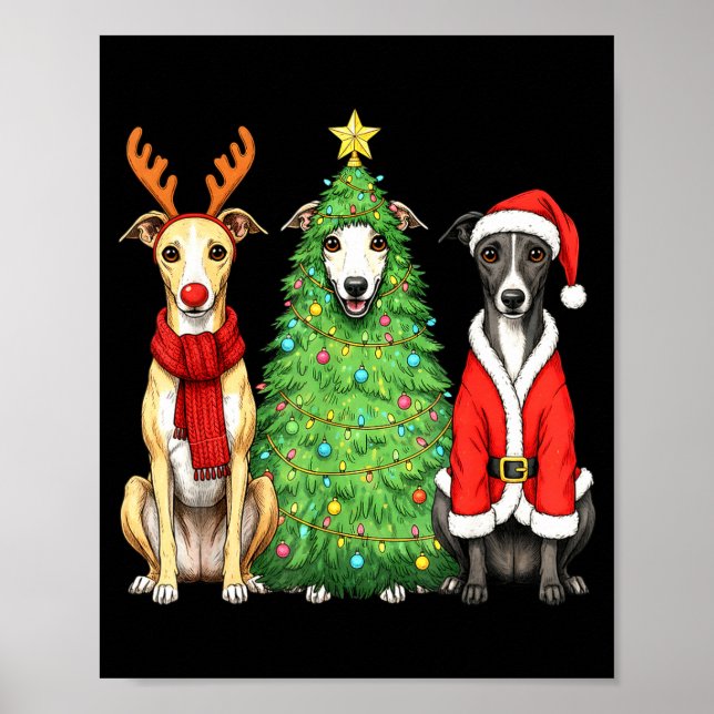 Poster Retro Christmas Whippet Santa Reindeer Dog Lover  (Devant)