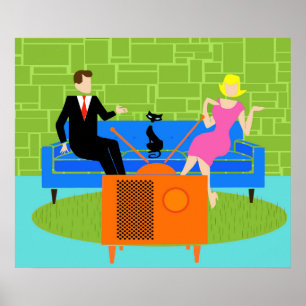 Poster Retro Couple with Cat