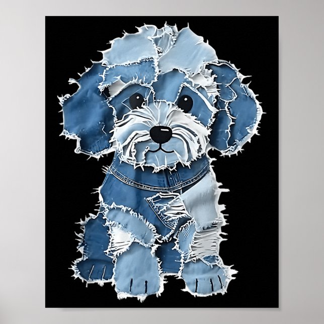 Poster Retro Denim Chien Patch, Funny Shabby Blue Jean Pu (Devant)