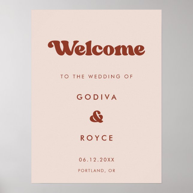 Poster Retro élégant Peach Pink Bienvenue à notre mariage (Devant)
