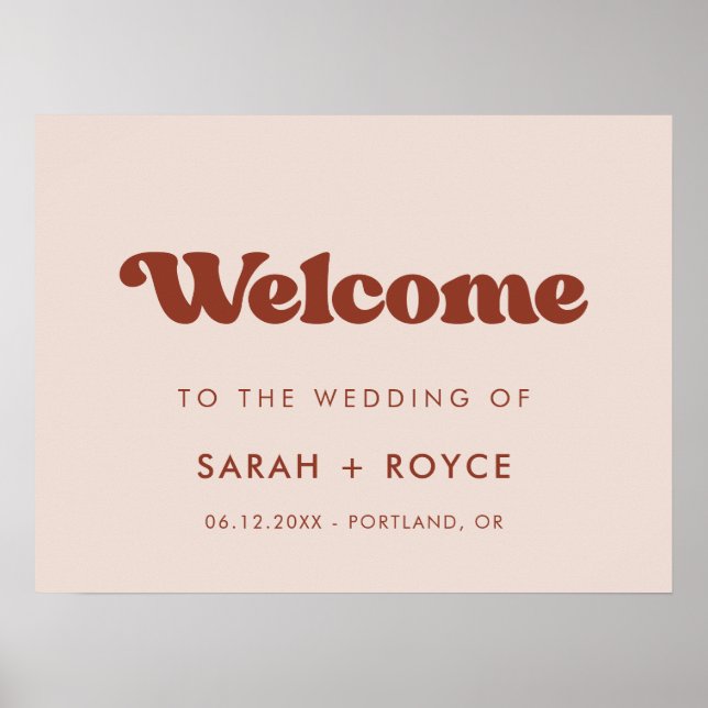 Poster Retro élégant Peach Pink Bienvenue à notre mariage (Devant)