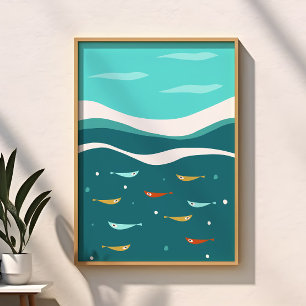 Poster Rétro Été Vagues Océaniques Mi-Siècle Moderne