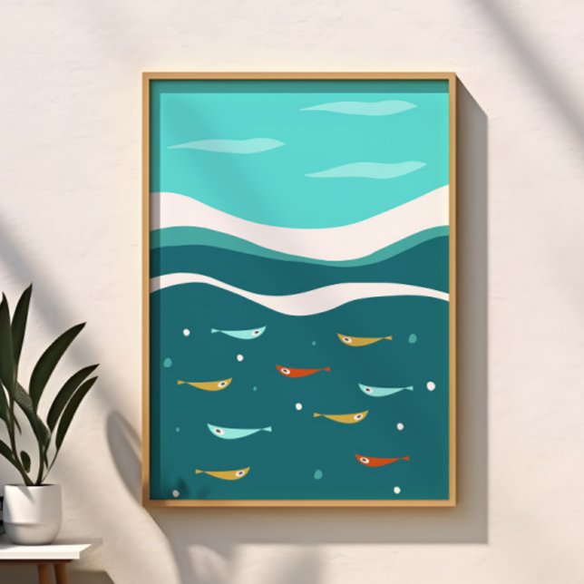 Poster Rétro Été Vagues Océaniques Mi-Siècle Moderne (Créateur téléchargé)