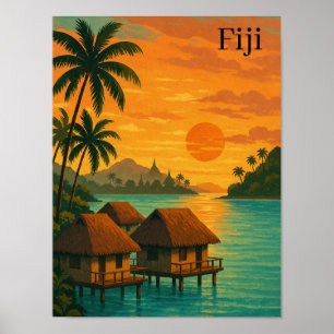 Poster Retro Fiji Tropical Ocean Bungalows Vue coucher de