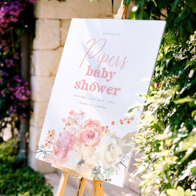 Poster Retro Floral Pink Girl Baby Shower Welcome Sign (Créateur téléchargé)