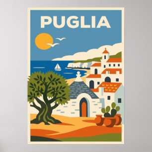 Poster Rétro Folk Pouilles Italie Oliviers Trullo Voyage