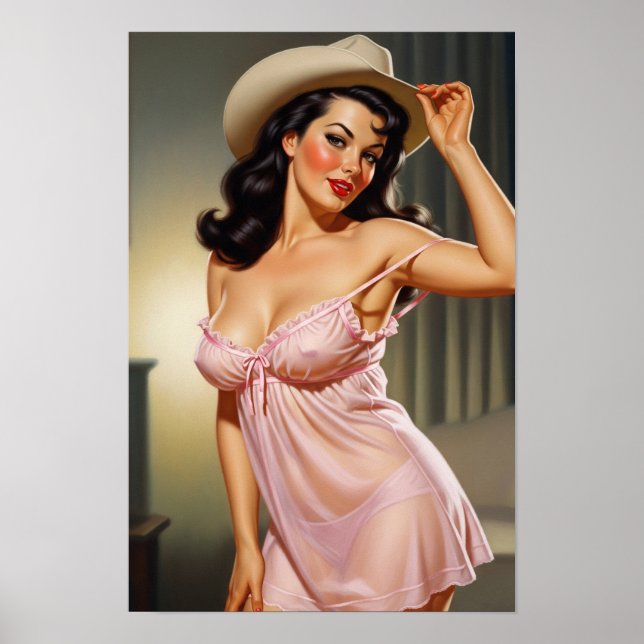 Poster Retro Girl avec Casquette Cowboy (Devant)