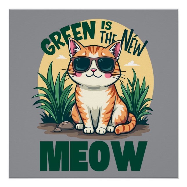 Poster Rétro "Green is the New Meow" Cool Chat Nature Art (Devant)