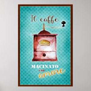 Poster Retro Italien vintage moulin à café turquoise brun