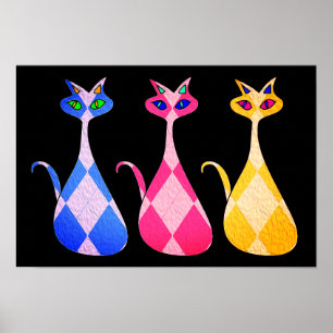 Poster Retro Jacquard Chats Imprimer