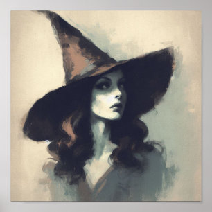 Poster Retro Jolie Sorcière dans Peinture Casquette Sorci