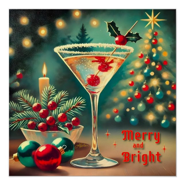 Poster Retro les années 50 Merry Bright Christmas Cocktai (Devant)