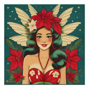 Poster Retro les années 50 Tropical Christmas Pin-Up Girl