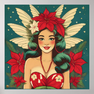 Poster Retro les années 50 Tropical Christmas Pin-Up Girl