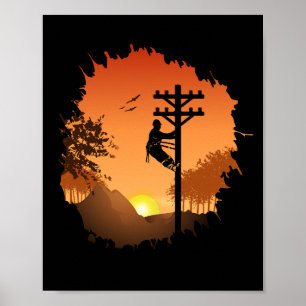 Poster Retro Lineman Coucher de soleil Père Câble électri