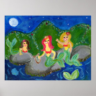 Poster Retro Mermaid Grotto Folk Art
