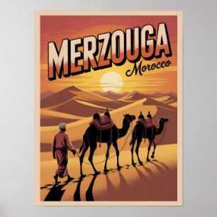 Poster Retro Merzouga sahara randonnée à dos de chameau m