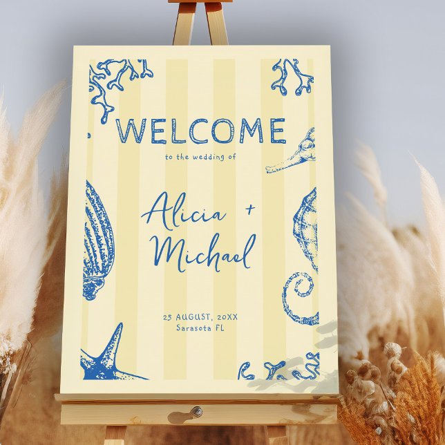 Poster Retro modern beach striped wedding welcome sign (Créateur téléchargé)