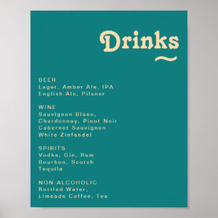 Poster Rétro moderne Menu des boissons Mariage Turquois