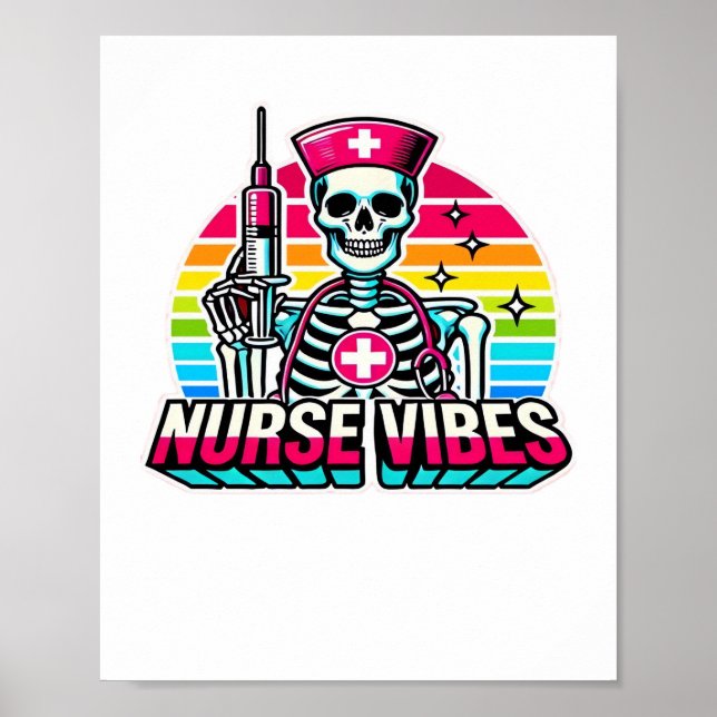 Poster Retro Neon Skeleton Nurse - Funny Éffrayant D (Devant)